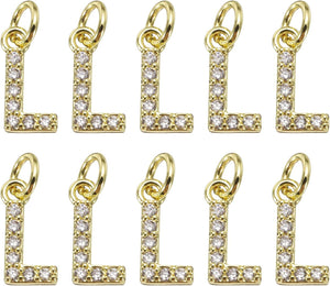 Rhinestone Letter Charm, 10pcs Crystal Zirconia Copper Alphabet l Pendants Slider Letter Charm for Wristbands Bracelets Necklace Jewelry Earring DIY Craft, Gold