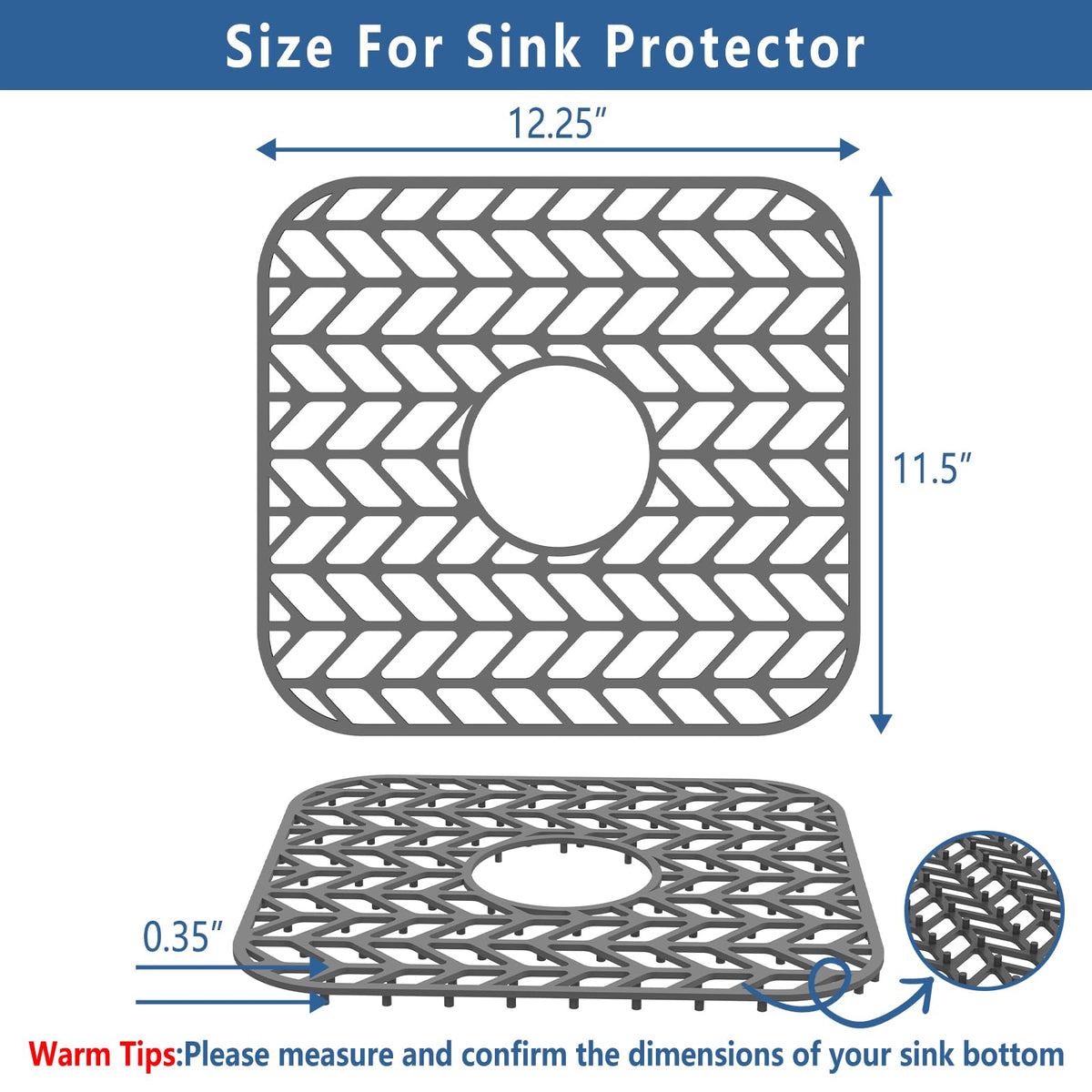 LinkMejor Silicone Sink Protectors for Kitchen Sink, 12" x 11" Mat for bottom of sink, Center Drain Hole, Protect from Stains, Scratches, Dishwasher Safe Grid for Kitchen (2 Pack, Gray)