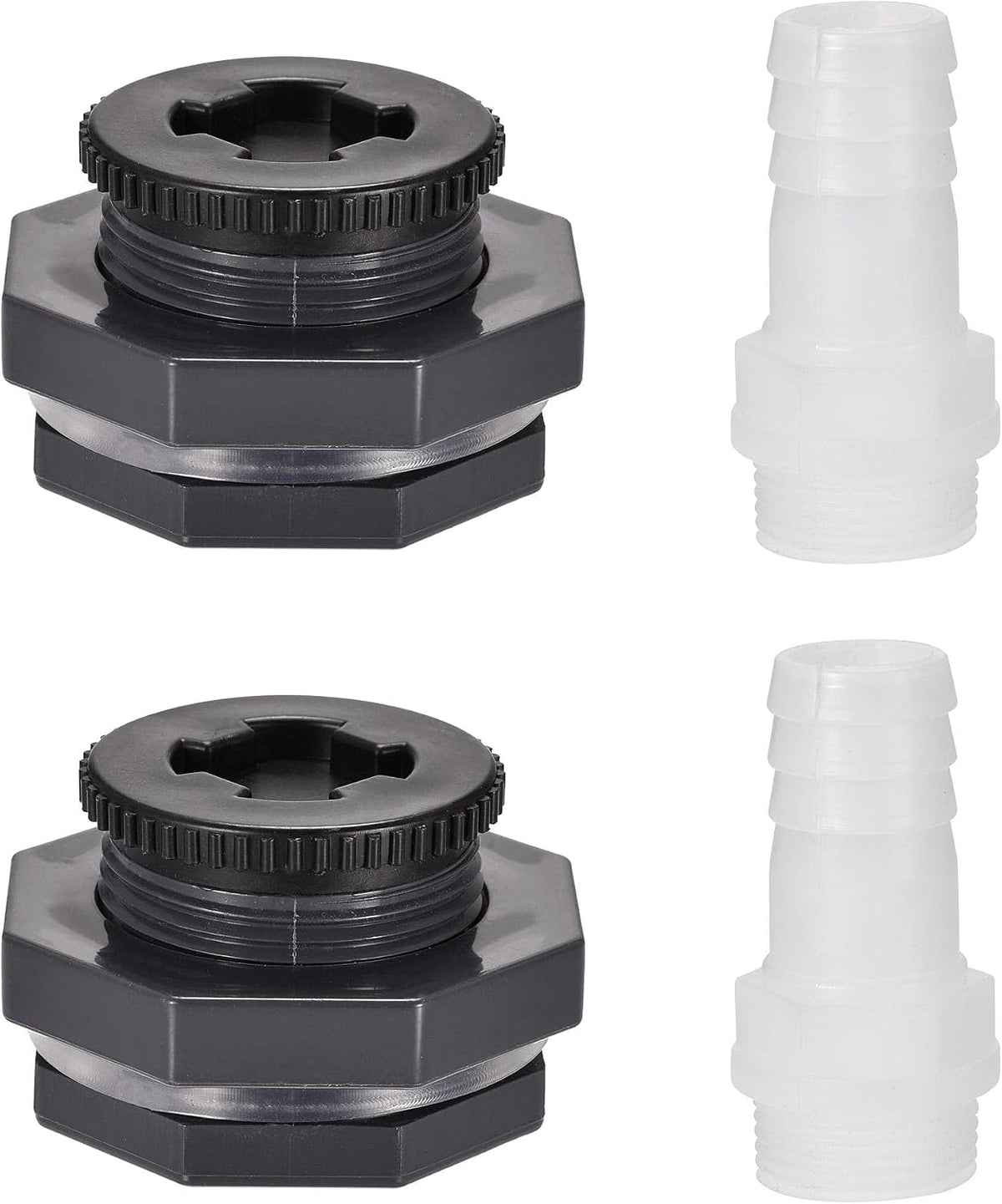 PVC Bulkhead Tank Adapter G1 Thread with Plug and 27mm OD Barbed Pipe Fitting for Rain Buckets Water Tanks 2 Set