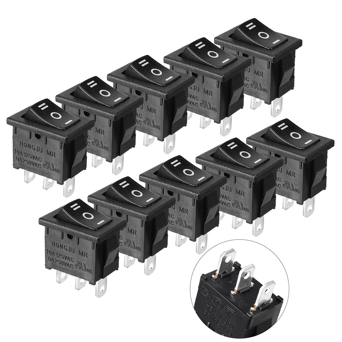 10pcs AC 6A/250V 10A/125V 3P SPDT ON-OFF-ON Snap in Boat Rocker Switch