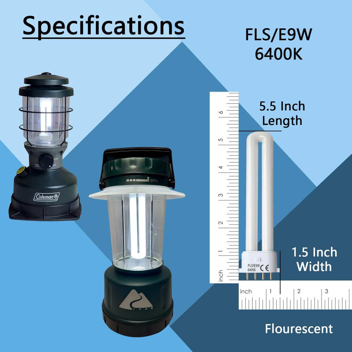 FLS/E9W Camping Lantern Bulb, 6400K, 5.5 inch, 2 Pack