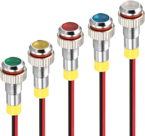 Signal Indicator Light AC/DC 12V 6mm Dash Lamp Flush Panel Mount Metal Shell White Red Yellow Blue Green 5Pcs