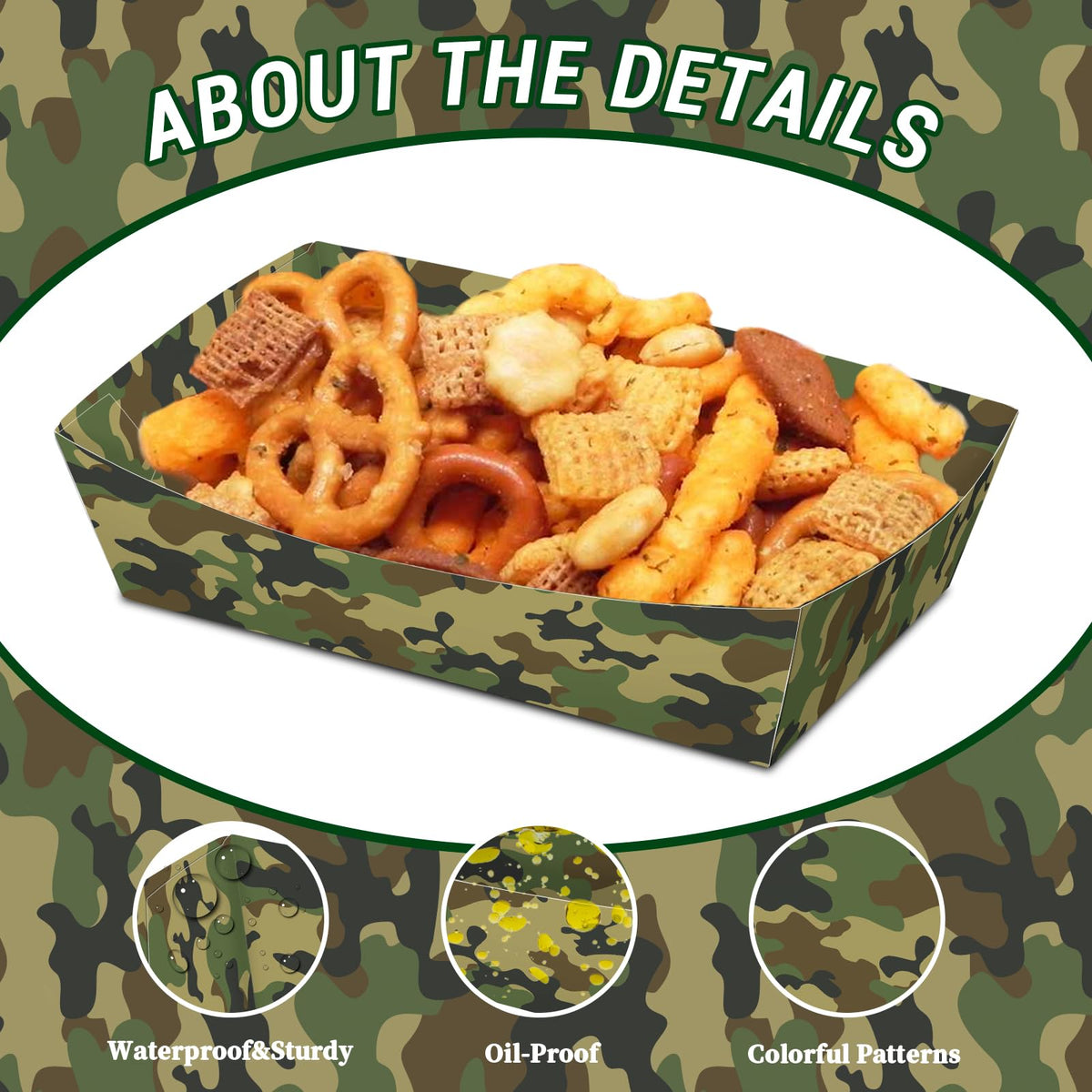 LinkMejor No Folding Required 50 Pack 2 Lb Camouflage Party Food Trays Camo Plates Birthday Party Supplies Camo Themed Nacho Food Holders Paperboard Tray Disposable Serving Trays