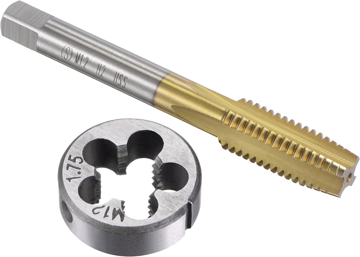 Tap and Die Set Metric M12 x 1.75, HSS (High Speed Steel) Titanium Plated Machine Straight Flute Thread Screw Tap, Alloy Steel Round Threading Die