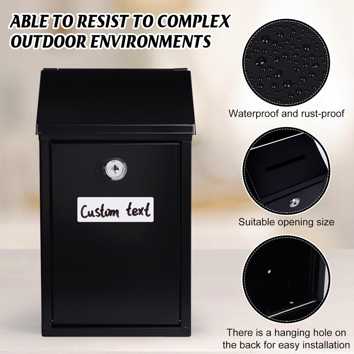Metal Donation Box Charity Steel Collection Box Office Suggestion Secure Mailbox with Top Slot and Lock with Keys Wall Mount Waterproof Mailbox for Home Office (Black, 10.2 x 5.7 x 2.9 Inch)