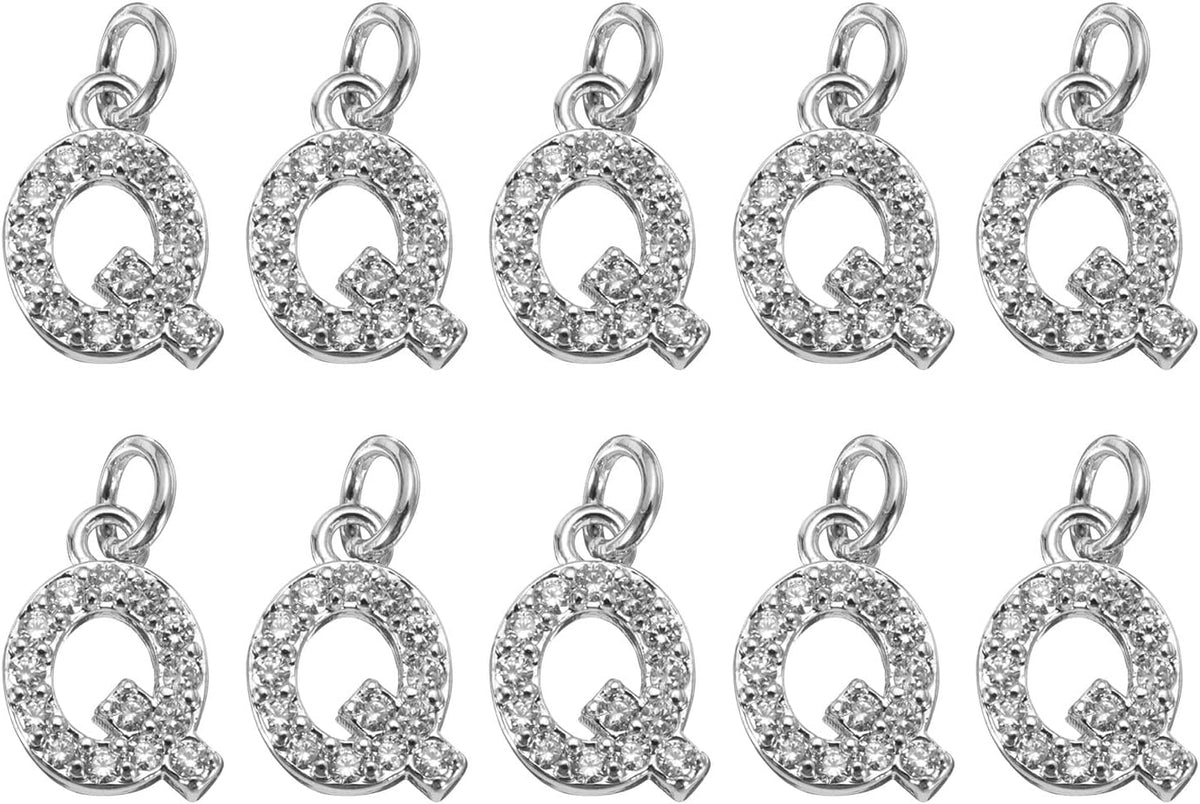 LinkMejor Rhinestone Letter Charm, 10pcs Crystal Zirconia Copper Alphabet Q Pendants Slider Letter Charm for Wristbands Bracelets Necklace Jewelry Earring DIY Craft, Silver