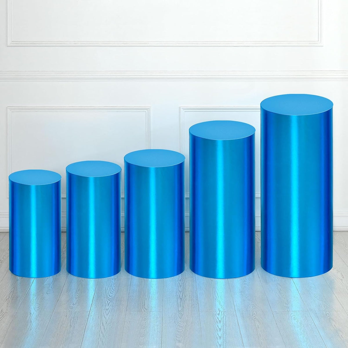 Set of 5 Blue Cylinder Spandex Stand Covers, Plinth Stand Cover for Party Wedding Birthday Decoration, Only Contains Cylinder Covers (Foil Fabric)