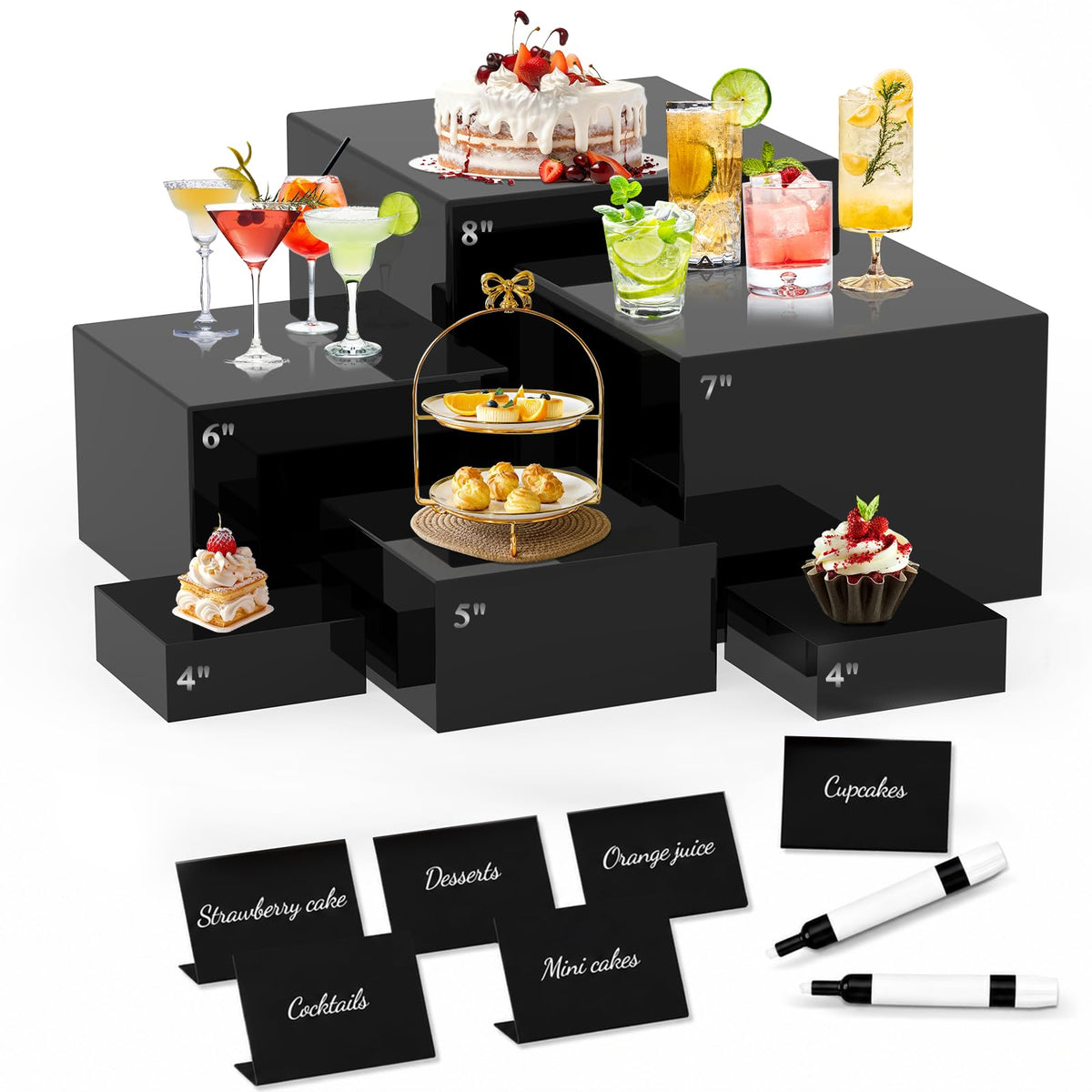 6 Pcs Rialzi Buffet, Stands per Display di Rialzi Alimentari con Mini Segno e Creatore