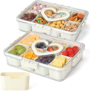 LinkMejor 2 Pack Snackle Box Container, 8 Kompartemen Snacks Box dengan Tutup dan Tang, Piring Pemisah Layanan Bawaan untuk Charcuterie Tray Buah Sayur Road Trip Piknik - Tanpa BPA