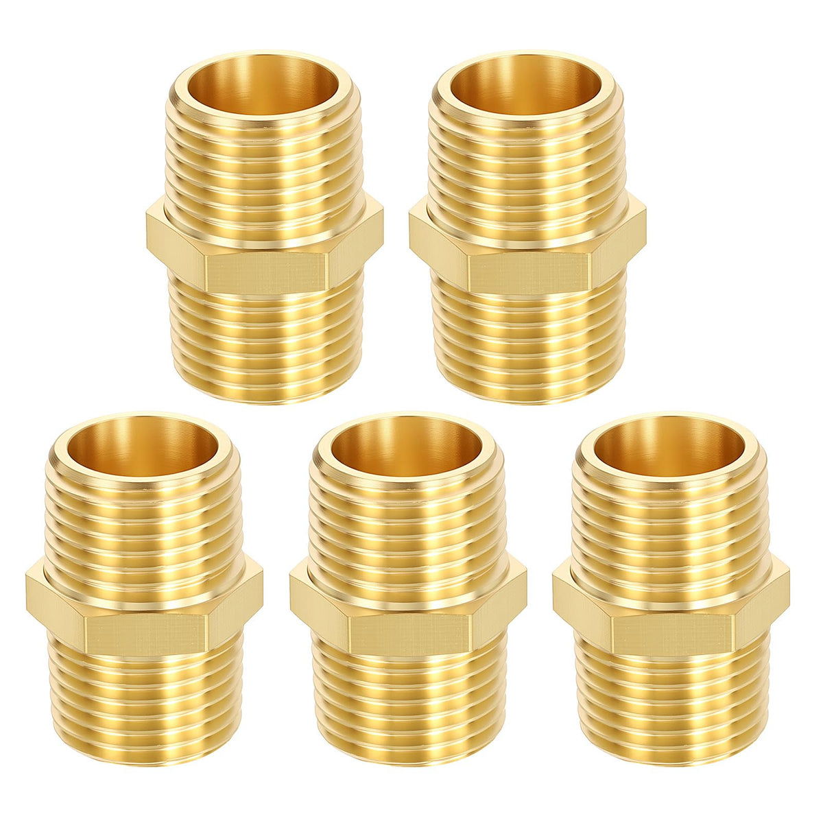 LinkMejor 5PCS 1/2" MNPT x 1/2" MNPT Thread Brass Hex Nipple Adapter