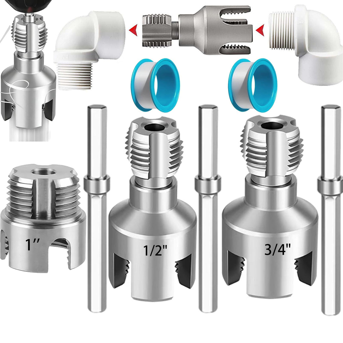 LinkMejor 3PCS Integrated Pvc Pipe Threader Tool - 1/2" & 3/4" & 1" Dual-Function Internal External Pipe Threading Tool for Water Pipe, Duty Pipe Thread Cutting Tool Set-Electric Drill Compatible