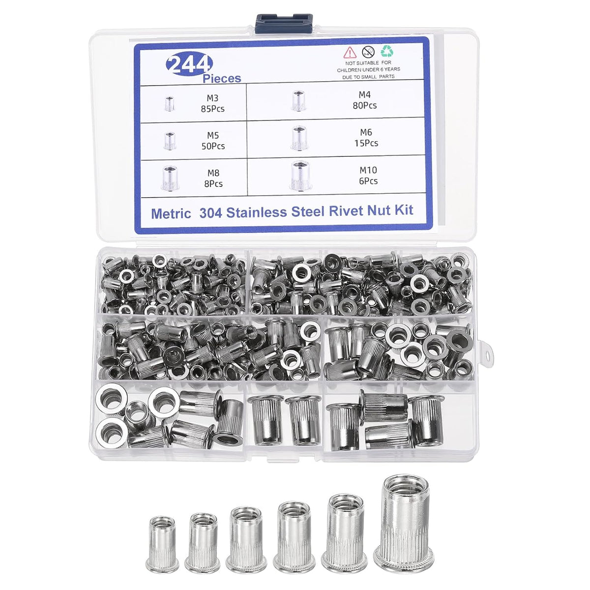 244 Pcs Rivet Nut, 304 Stainless Steel Metric Thread Rivet Nuts Kit Flat Head Threaded Insert Nuts M3/ M4/ M5/ M6/ M8/ M10 for Automotive, Home Decor and Industrial, Silver