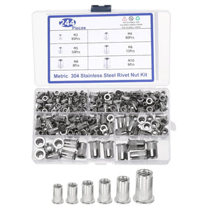 244 Pcs Rivet Nut, 304 Stainless Steel Metric Thread Rivet Nuts Kit Flat Head Threaded Insert Nuts M3/ M4/ M5/ M6/ M8/ M10 for Automotive, Home Decor and Industrial, Silver