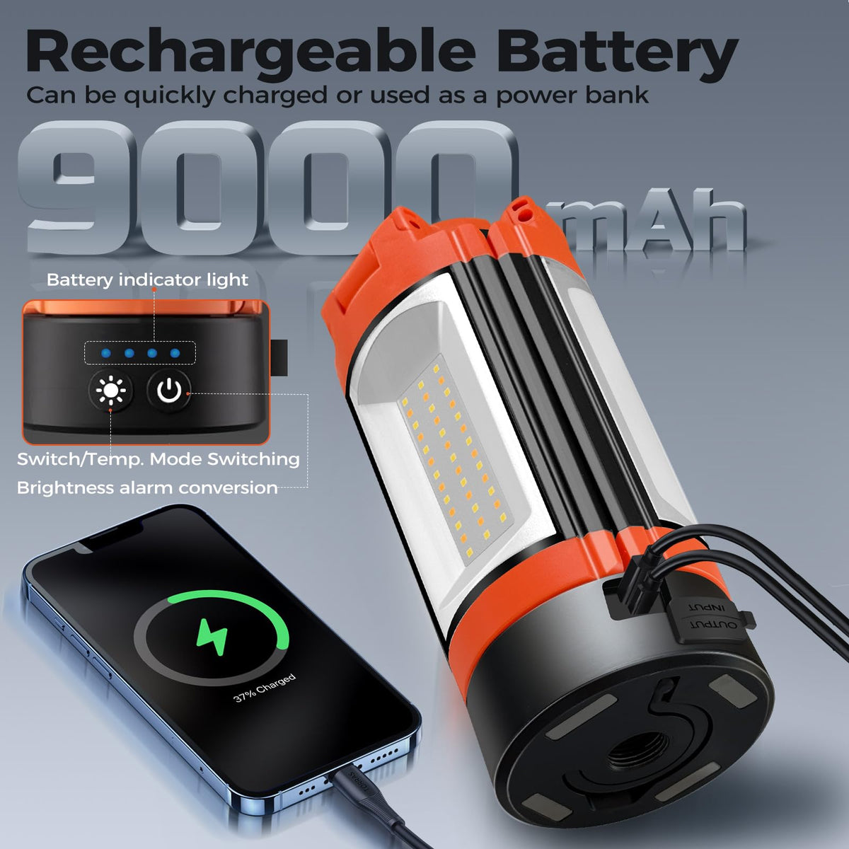 LänkMejor Laddbar 12000mAh Campinglampa med Justerbar Stativ