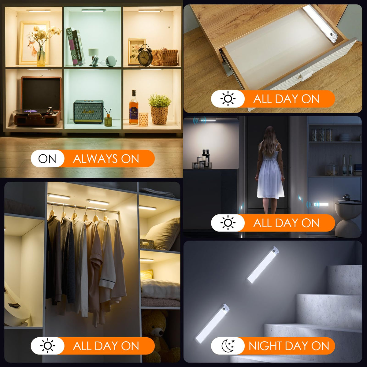 LinkMejor 8.5" Under Cabinet Lighting 6 Pack, 3 Colors Closet Lights