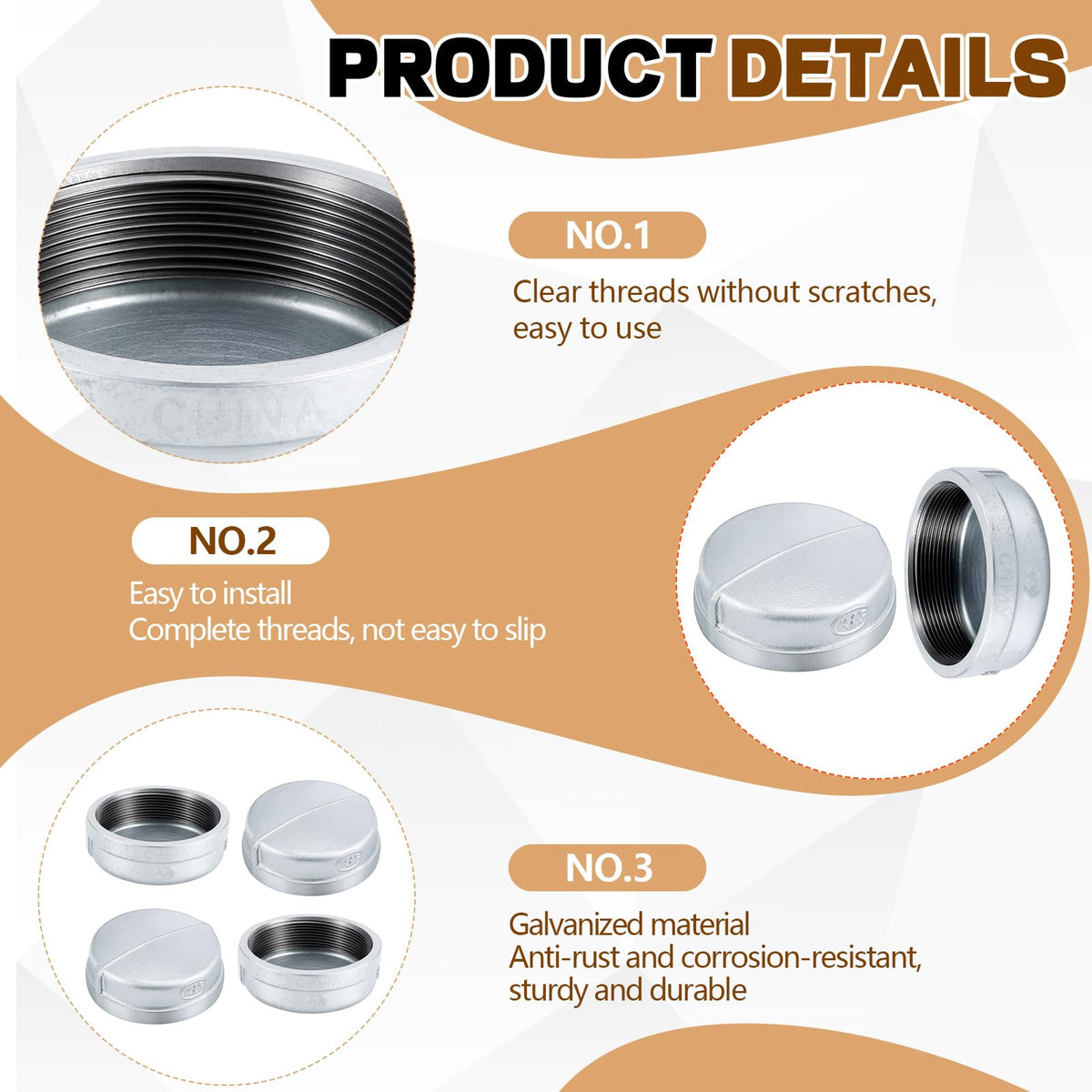 LinkMejor Galvanized Malleable Iron Pipe Caps, 3", Silver, 2 Pcs