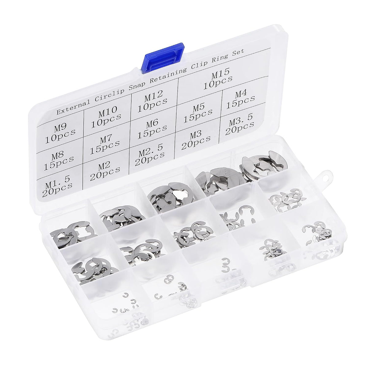 E-Clip Circlip - 215Pcs 14-Size External Retaining Shaft Snap Ring Washer 304 Stainless Steel Assortment Set Silver- Size: 1.5mm to 15mm