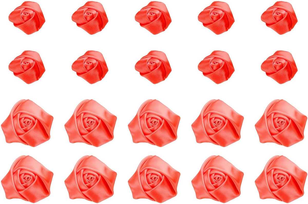 20pcs 2Size Satin Ribbon Roses 2.5cm/5cm Ribbon Flower Rose Artificial Fabric Flowers for DIY Crafting Accessories Sewing Wrapping Wedding Gift Decoration (Bright Orange)
