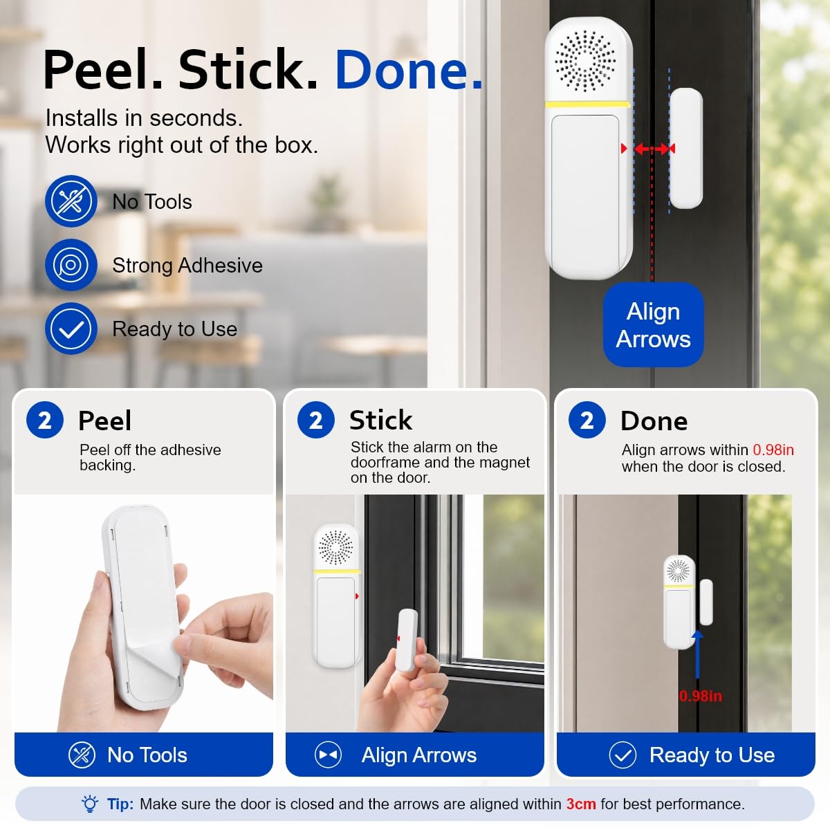 Door Alarms/Chimes When Opened, Instant or Delay (30s/1/2 Min), 1 Pack