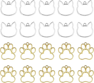 36Pcs Alloy Open Bezel Pendants, Cat Open Back Hollow Frame Pendant Geometric for Resin Jewelry Making Earrings Necklace Bracelet DIY, Gold/Silver
