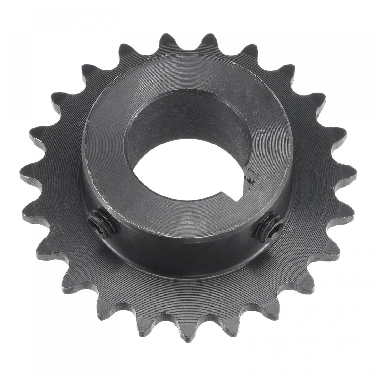23 Tooth Roller Sprocket B Type, #25 Chain, Single Strand 1/4" Pitch, 17mm Bore Black Oxide C45 Carbon Steel, Keyway with Set Screws for ISO 04C