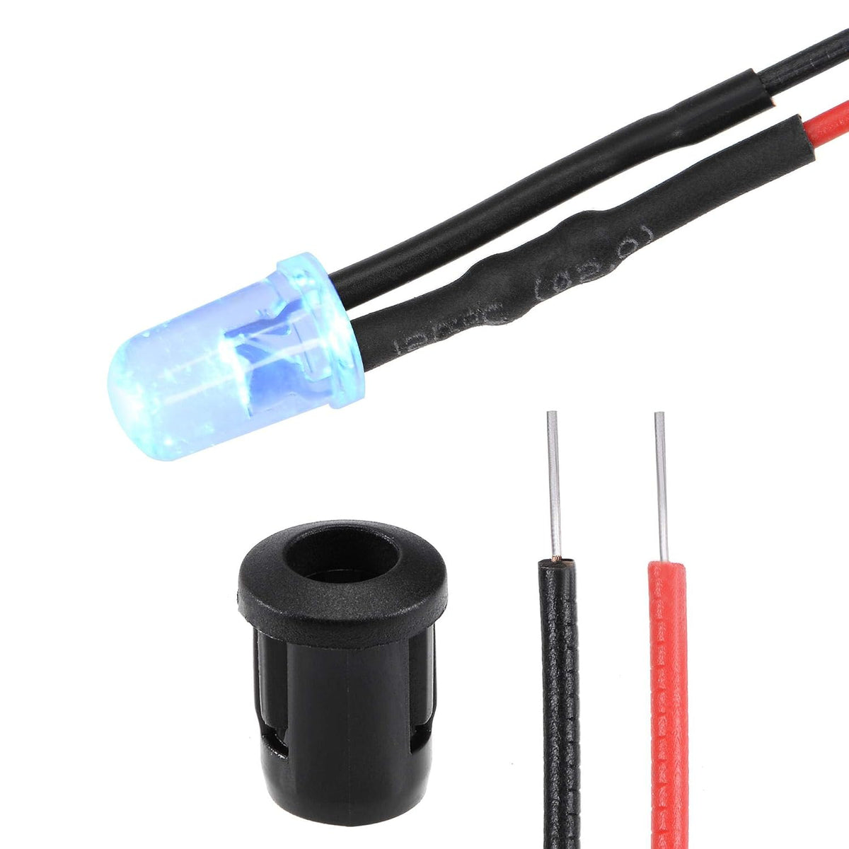 20Set DC 12V 5mm Pre Wired LED with Holder, Blue Light Round Top Clear Lens, 8mm Panel Mount