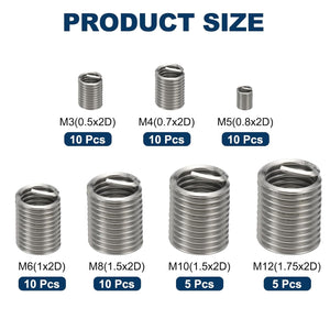 60Pcs Wire Thread Inserts Kit, M3/4/5/6/8/10/12 Carbon Steel Metric Sleeve Thread Repair Kit Helical Coiled Type for Machinery