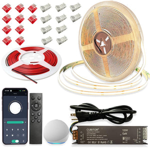 LinkMejor CCT COB LED Strips Light Kit,2700K-6500K,32.8ft/10m,Dimmable & Cuttable,24V Tape Strip with Smart Transformer,Remote/App/Alexa Voice Control,for Bedroom,Shelves,Kitchen Under Cabinet
