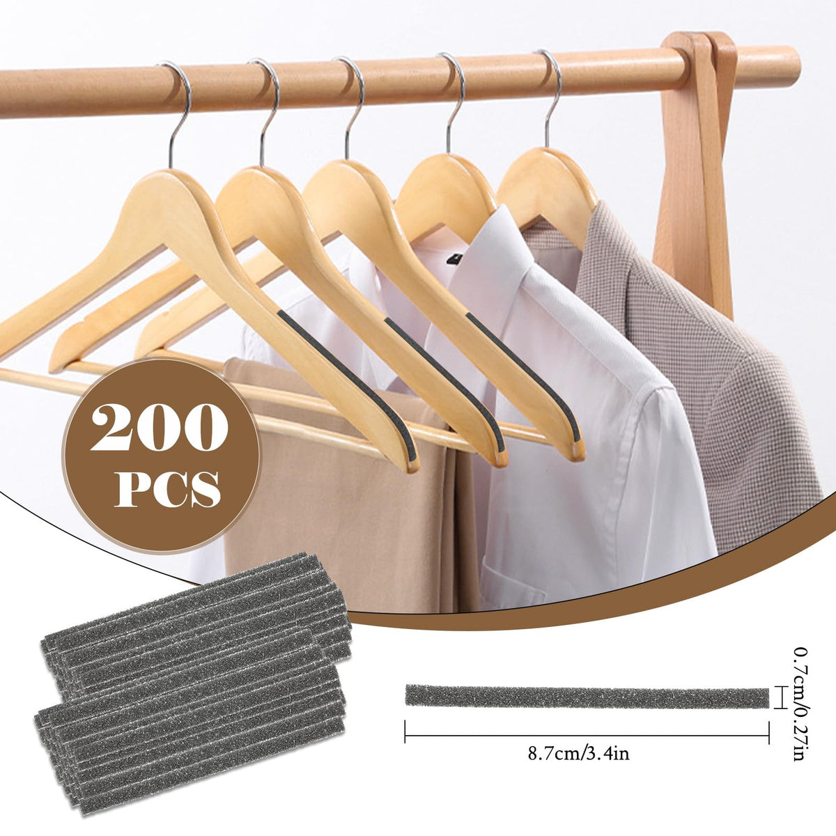 LinkMejor 200Pcs Foam Strips with Adhesive for Clothes Hangers, Non-Slip Foam Tape Hanger Grips Self Sticking Self-Adhesive Foam Strips (3.4 X 0.27 in)