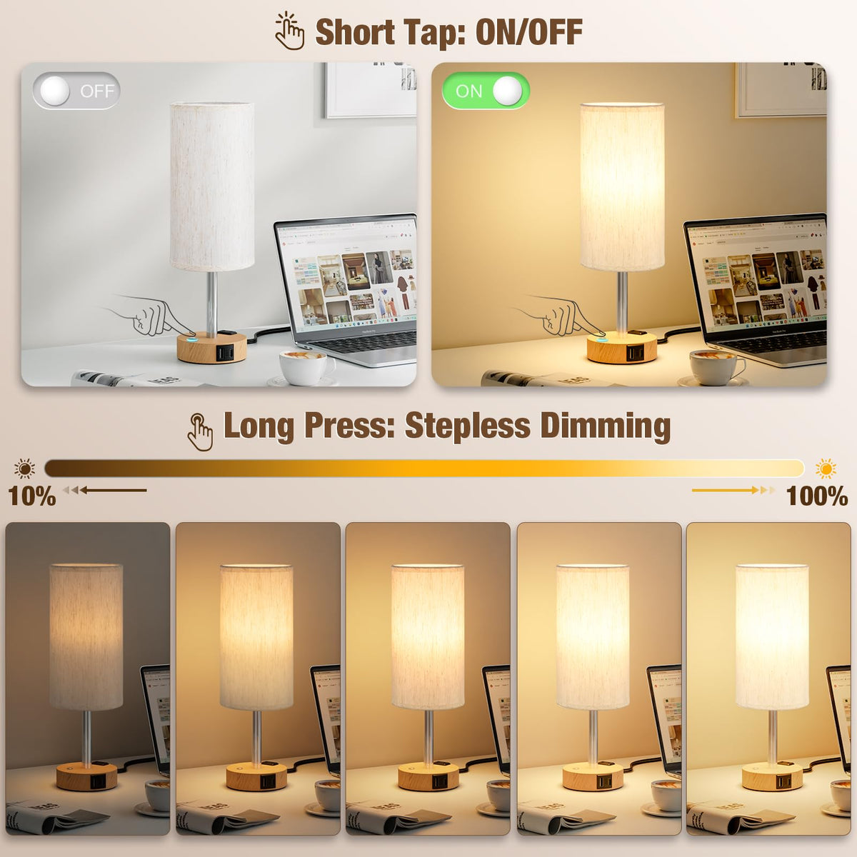 Lampu Meja Bedside untuk Kamar Tidur, Dimmable Tanpa Batas, USB A+C, Output AC