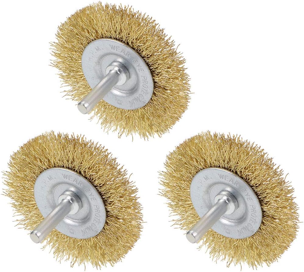 2-1/2 Inch Wire Wheel Brush Bench Brass Plated Crimped Steel 1/4-Inch Shank 3 Pcs