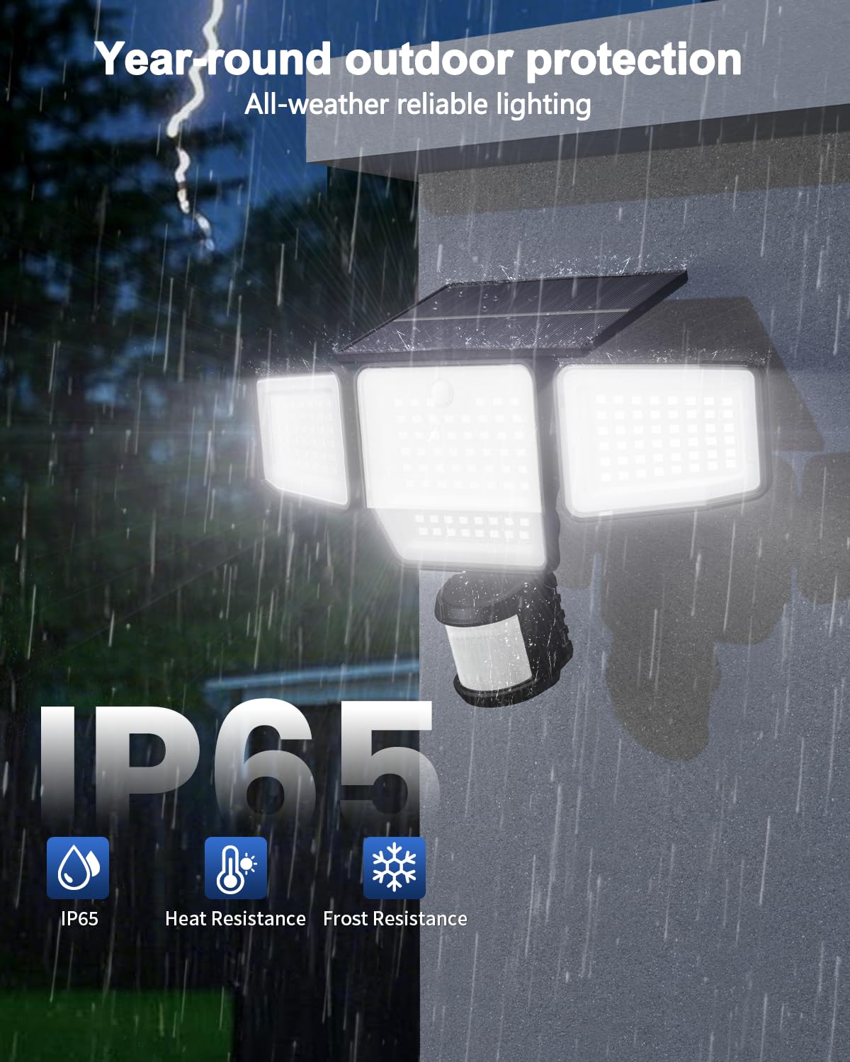 LinkMejor 6000LM Luci Solari Esterni, 4 Teste Sensore di Movimento Luci Esterni, Luci di Inondazione Solari per Giardino Casa Esterna Garage, IP65 Impermeabile, 3 Modalità, Installazione Facile, 3 Confezioni