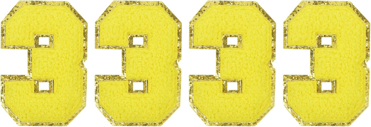 4pcs Glitters Chenille Number Patches 8.4cm / 3.3" Iron-On Embroidery Numbers for Team Uniforms Sports T-Shirts Hats Bags (Yellow, Number 3)