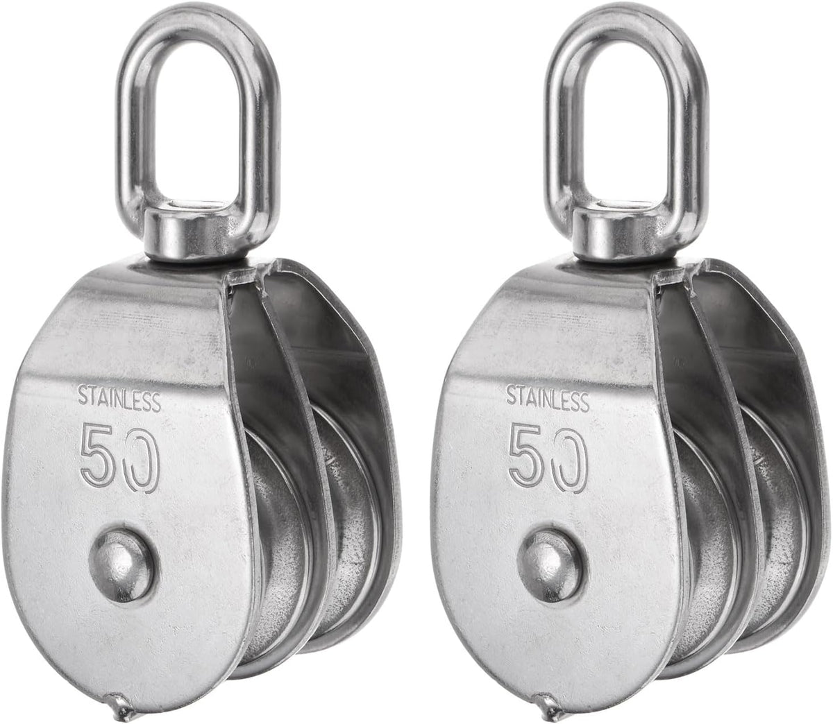 2pcs M50 Double Pulley Block, Stainless Steel Swivel Rigging Lifting Wheel Fixed Pulley, Crane Hanging Wire Towing Wheel, Rope Cable Pulley Roller