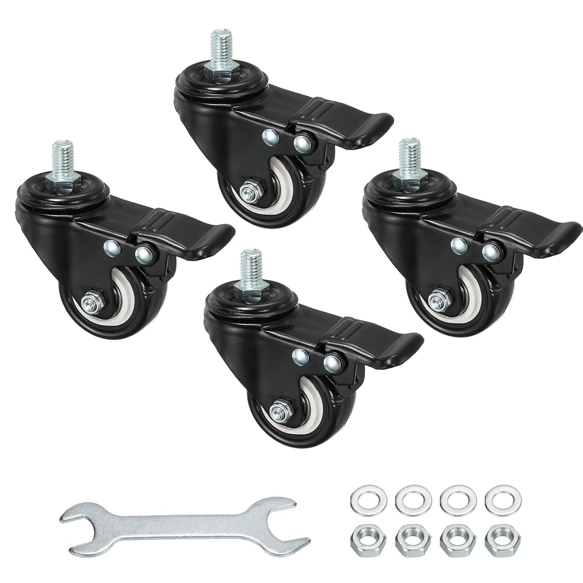 2 Inch Swivel Threaded Stem Casters M10x15mm Thread PU Caster Wheel with Brake 110lbs Load for Furniture Carts, Black 4pcs