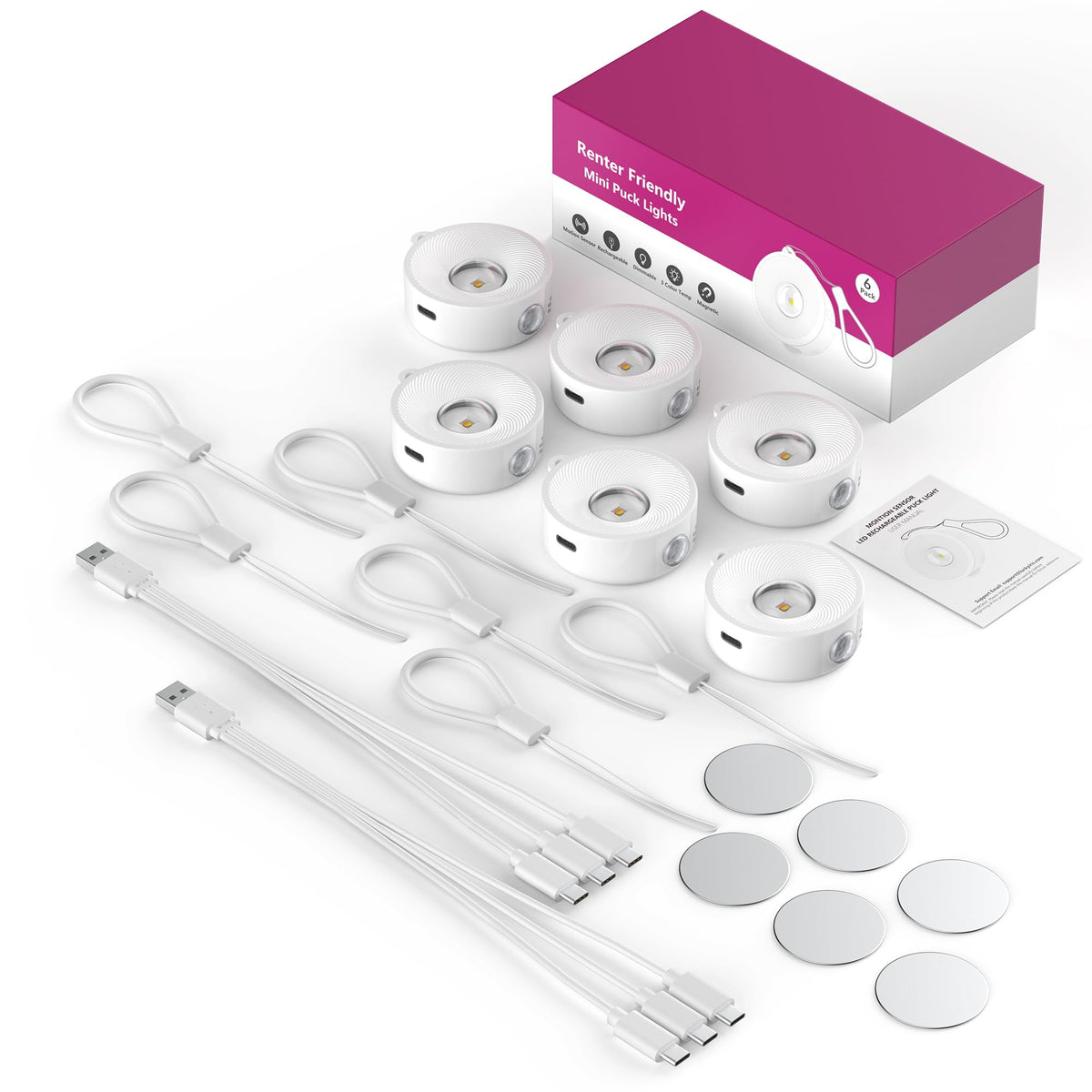 2" Lumières Puck Réchargeables Mini, Capteur de Mouvement Magnétique, 3Pack Blanc