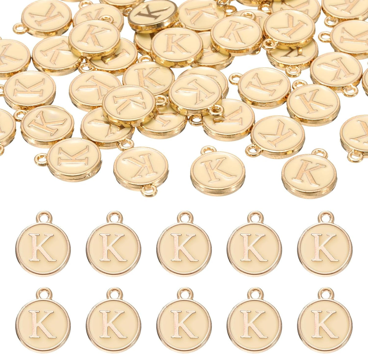 LinkMejor 52pcs Alphabet K Pendants, Double Sided Beads Charm for DIY Bracelet Necklace Pendants Earring Jewelry, Champagne Gold