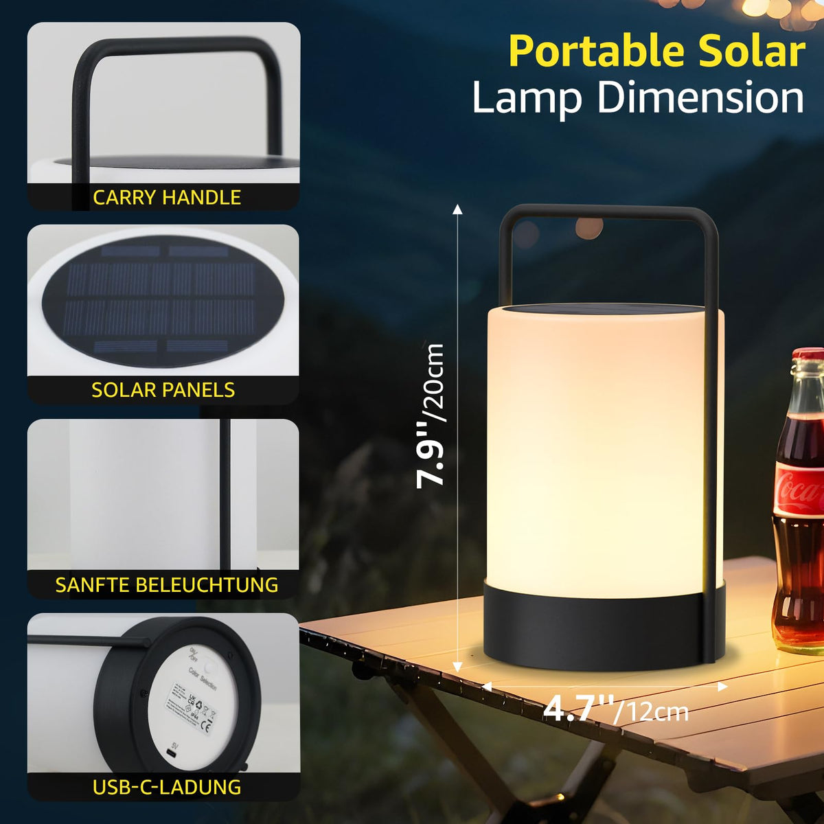 LinkMejor Solar Lantern Outdoor Waterproof Table Lamp Cordless Metal Frame