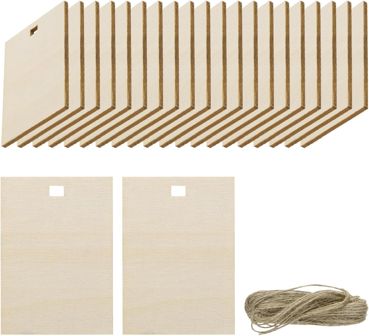 36pcs Right Angle Rectangle Blank Wood Tags with Hole 2.8 x 4.3 Inch Unfinished Wood Pieces Wooden Gift Tags with 32.8 Ft Rope for Craft Projects, Hanging Decorations, Gift Making