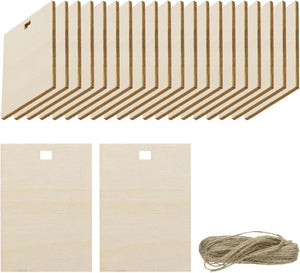 36pcs Right Angle Rectangle Blank Wood Tags with Hole 2.8 x 4.3 Inch Unfinished Wood Pieces Wooden Gift Tags with 32.8 Ft Rope for Craft Projects, Hanging Decorations, Gift Making