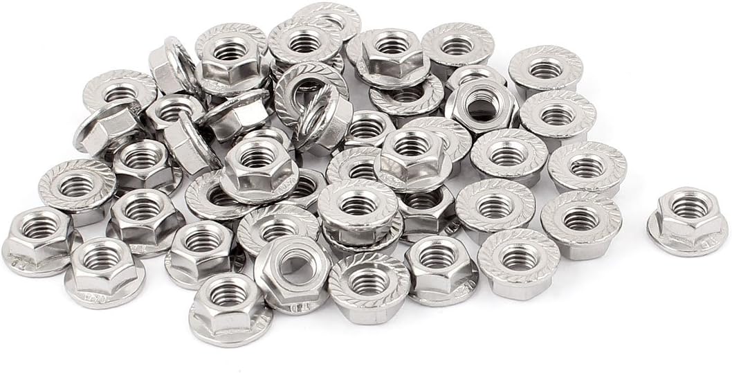 6mm Thread Dia Stainless Steel Hex Flange Lock Nuts Silver Tone 50Pcs