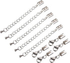 5Sets Fold Over Cord Ends with Lobster Claw Clasps & Extender Chain, 4mm Terminators Crimp Cap Clasp Tips for DIY Craft Making, Silver Tone