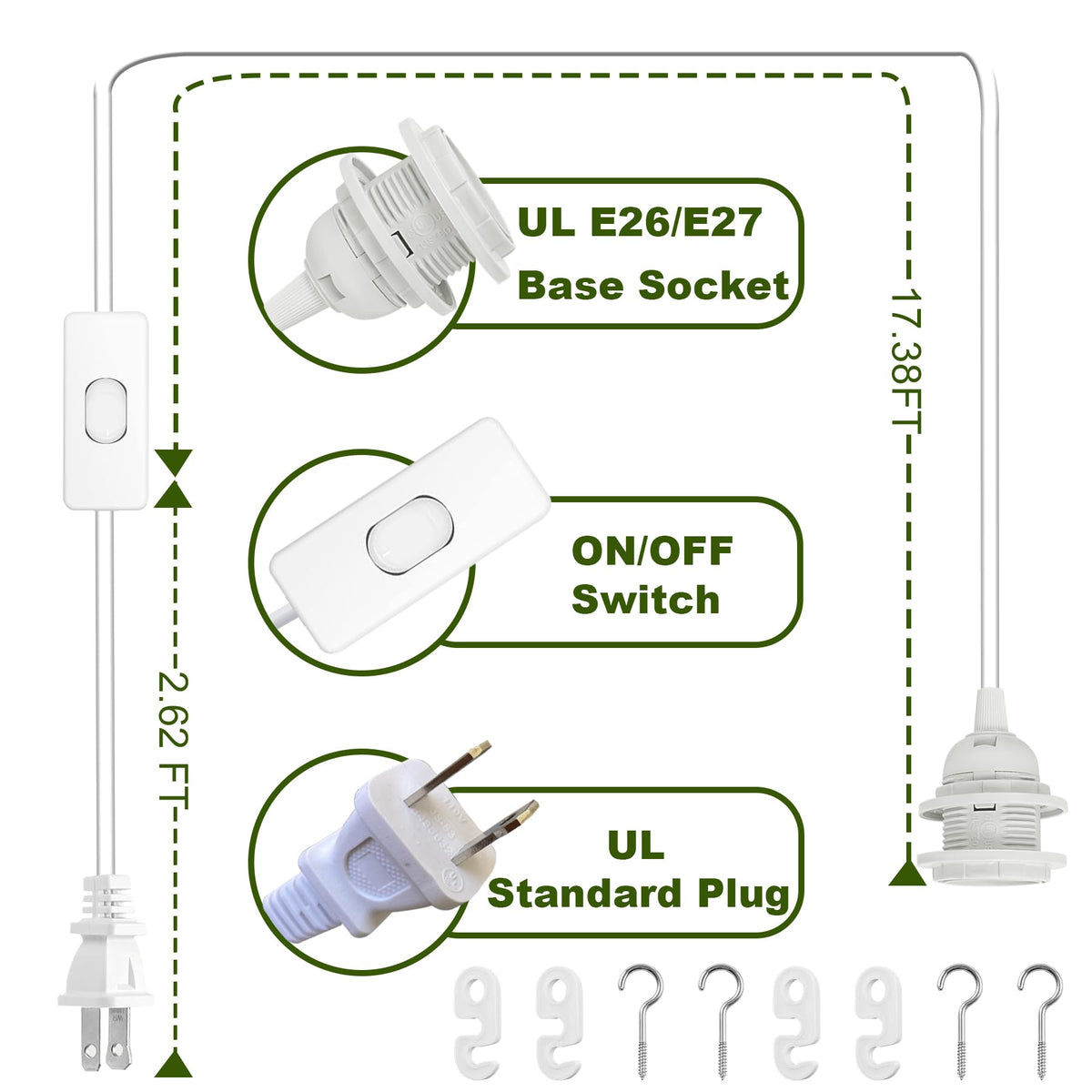 LinkMejor 20Ft Pendant Light Cord, Plug in Light Socket E26 E27 Hanging lamp Kit with On/Off Switch, Socket Rings, UL Approval Extension Lantern Cable, White
