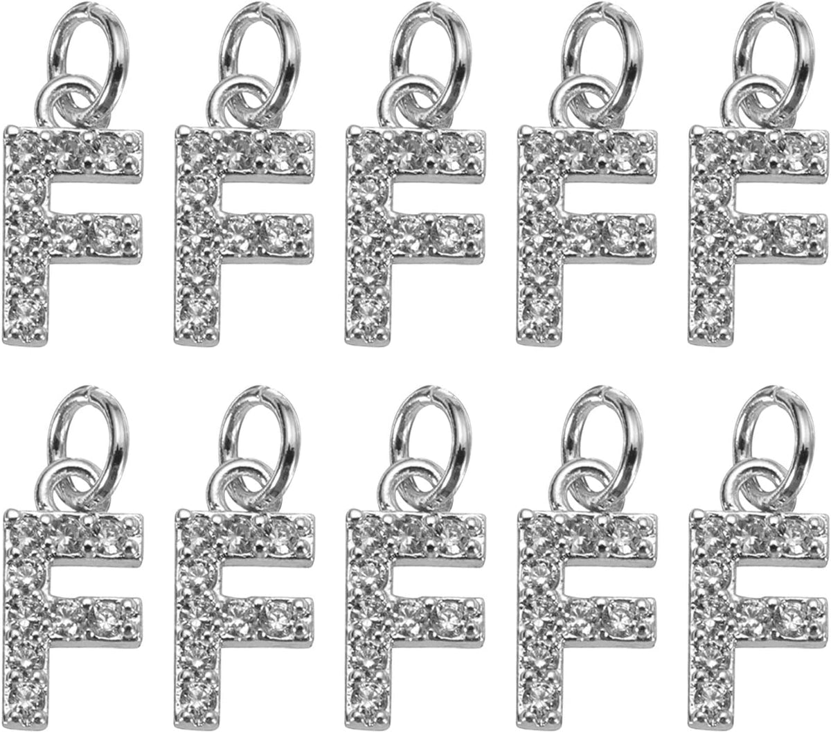 LinkMejor Rhinestone Letter Charm, 10pcs Crystal Zirconia Copper Alphabet F Pendants Slider Letter Charm for Wristbands Bracelets Necklace Jewelry Earring DIY Craft, Silver