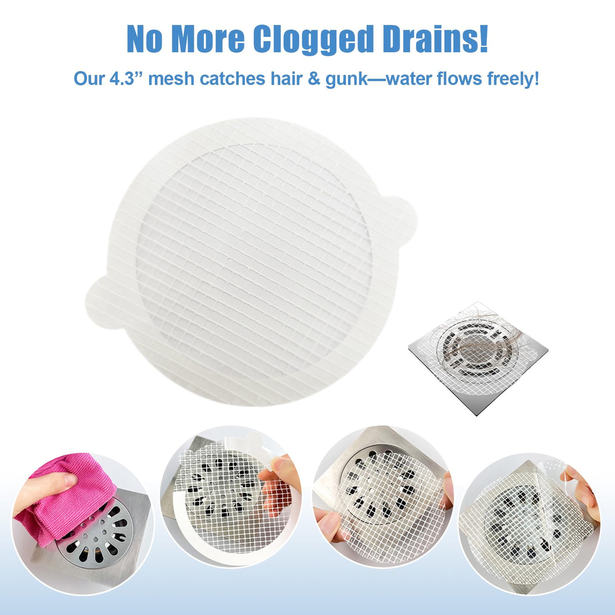 60 Pack Disposable Shower Drain Hair Catcher Hair Trap Drain Covers 4.4” Extra-Wide Mesh Hair Catcher for Shower, Sink, Laundry & Bathtub
