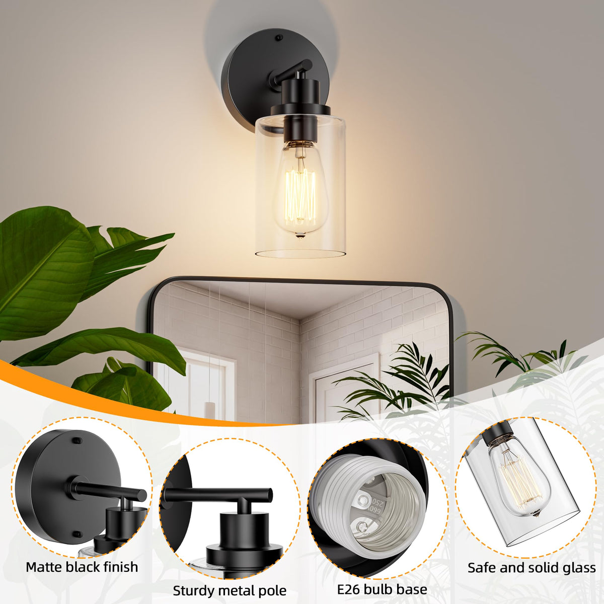 Luminária de Parede para Banheiro Moderna, Preto Matte