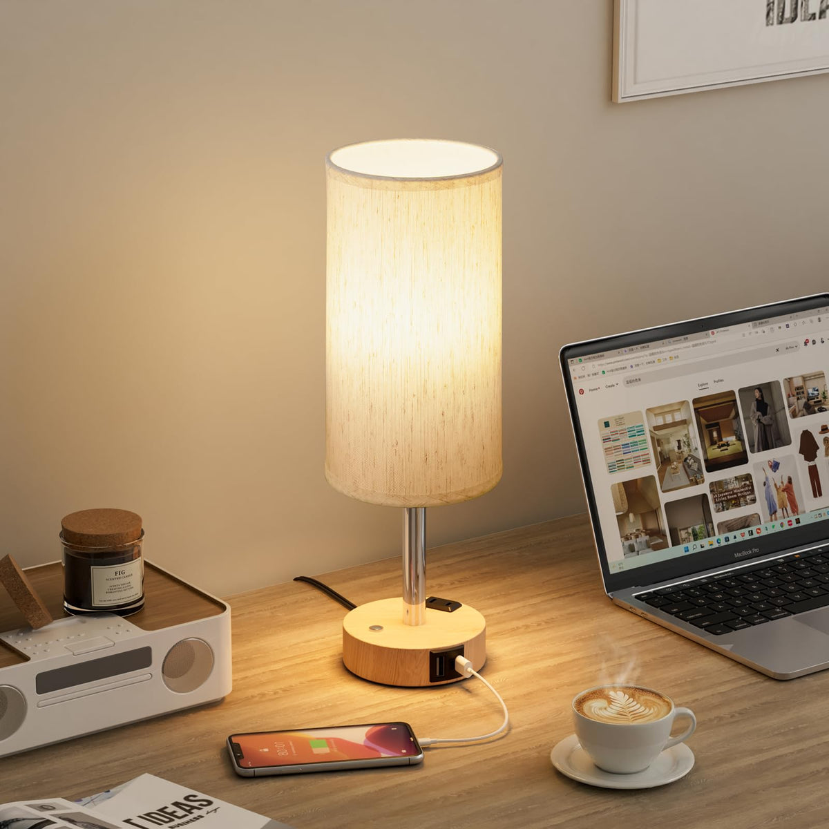 Lampu Meja Bedside untuk Kamar Tidur, Dimmable Tanpa Batas, USB A+C, Output AC