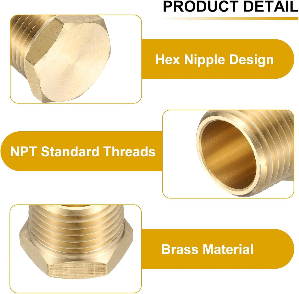 2Pcs Kupfer Sechskantkopf Druckminderungskappe Ventilkappe, 1/2" NPT Sechskantgewinde Rohrverbindung Schweißflansch Kappe Rohrenden Dichtkappe mit PTFE Band für Klimaanlage, Wasser, Gold
