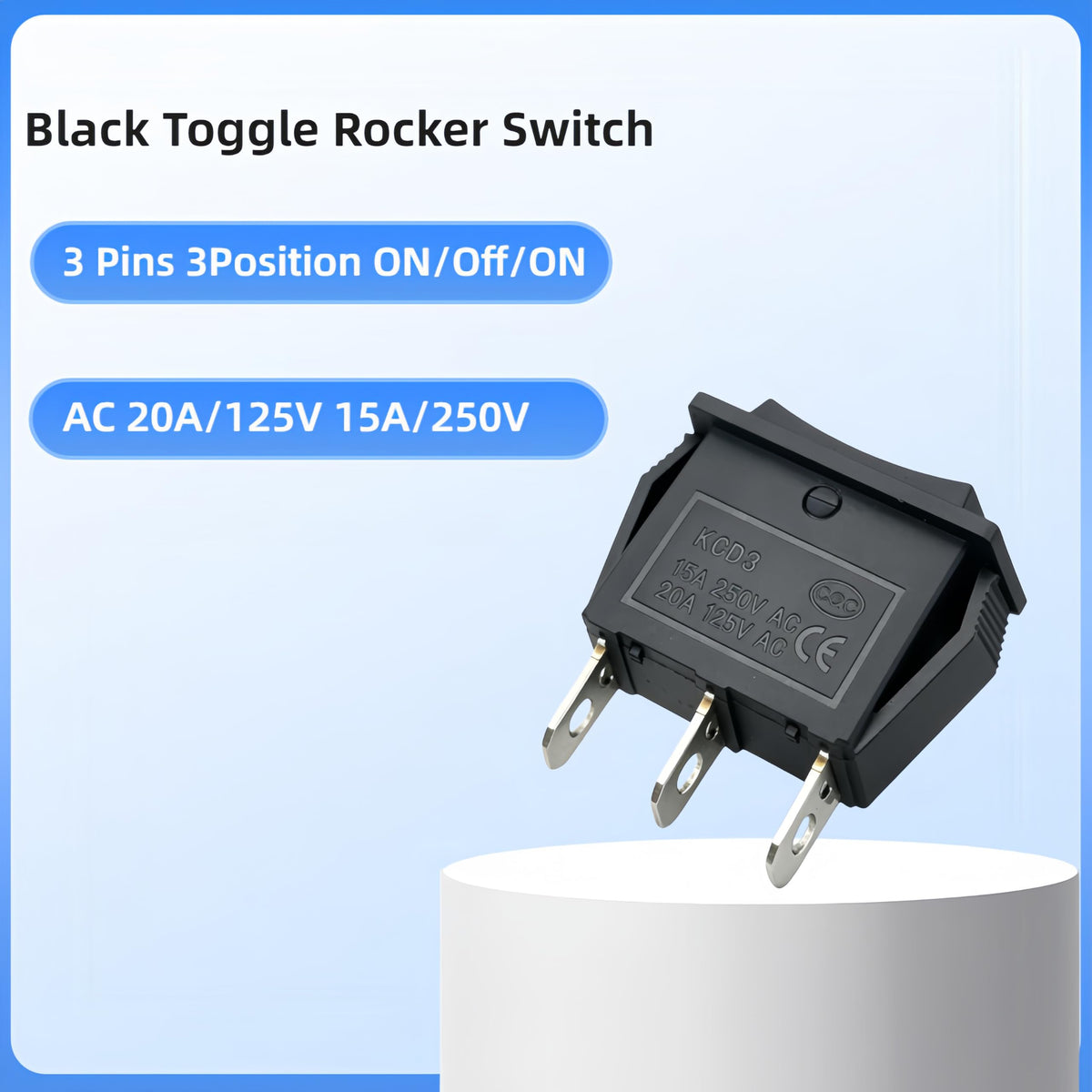 3-tilainen SPDT Rocker Toggle Switch, KCD3 3-pistoke Päälle-Pois-Päälle Musta
