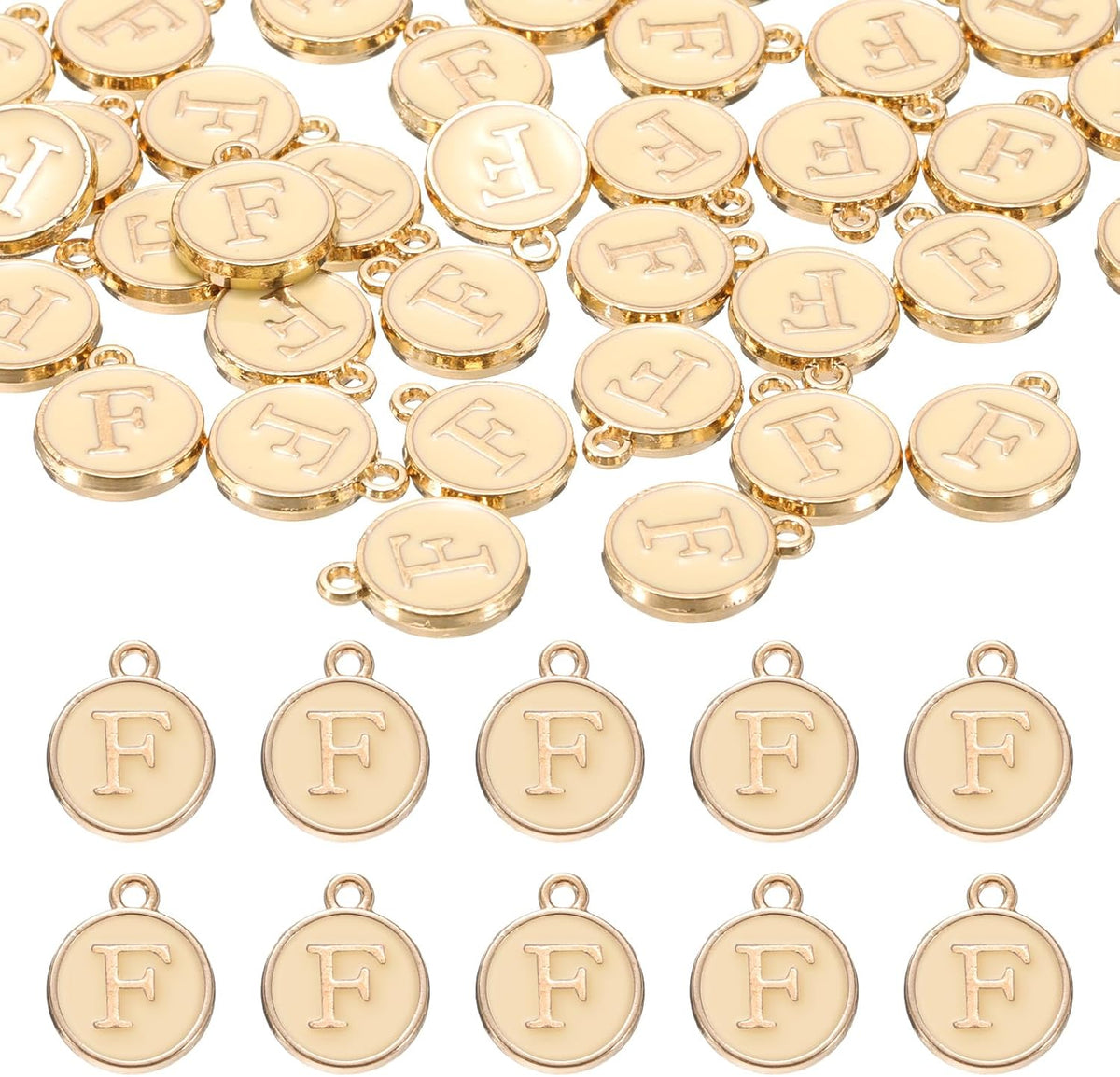 LinkMejor 52pcs Letter Charm, Enamel Letter Pendants, Alphabet F Pendants Double Sided Beads Charm for DIY Bracelet Necklace Pendants Earring Jewelry, Champagne Gold